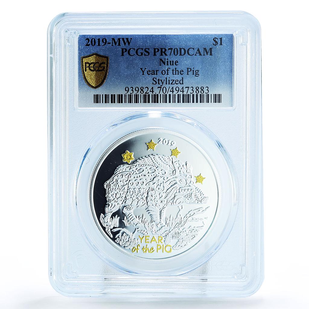 Niue 1 dollar Lunar Calendar Year of the Pig Gilt PR70 PCGS silver coin 2019