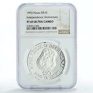 Nauru 10 dollars Independence 25th Anniversary KM-1 PF69 NGC silver coin 1993