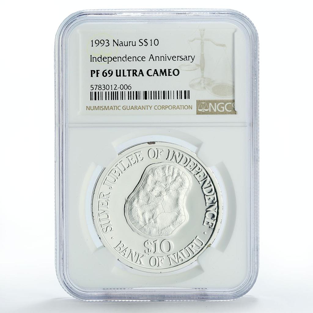 Nauru 10 dollars Independence 25th Anniversary KM-1 PF69 NGC silver coin 1993