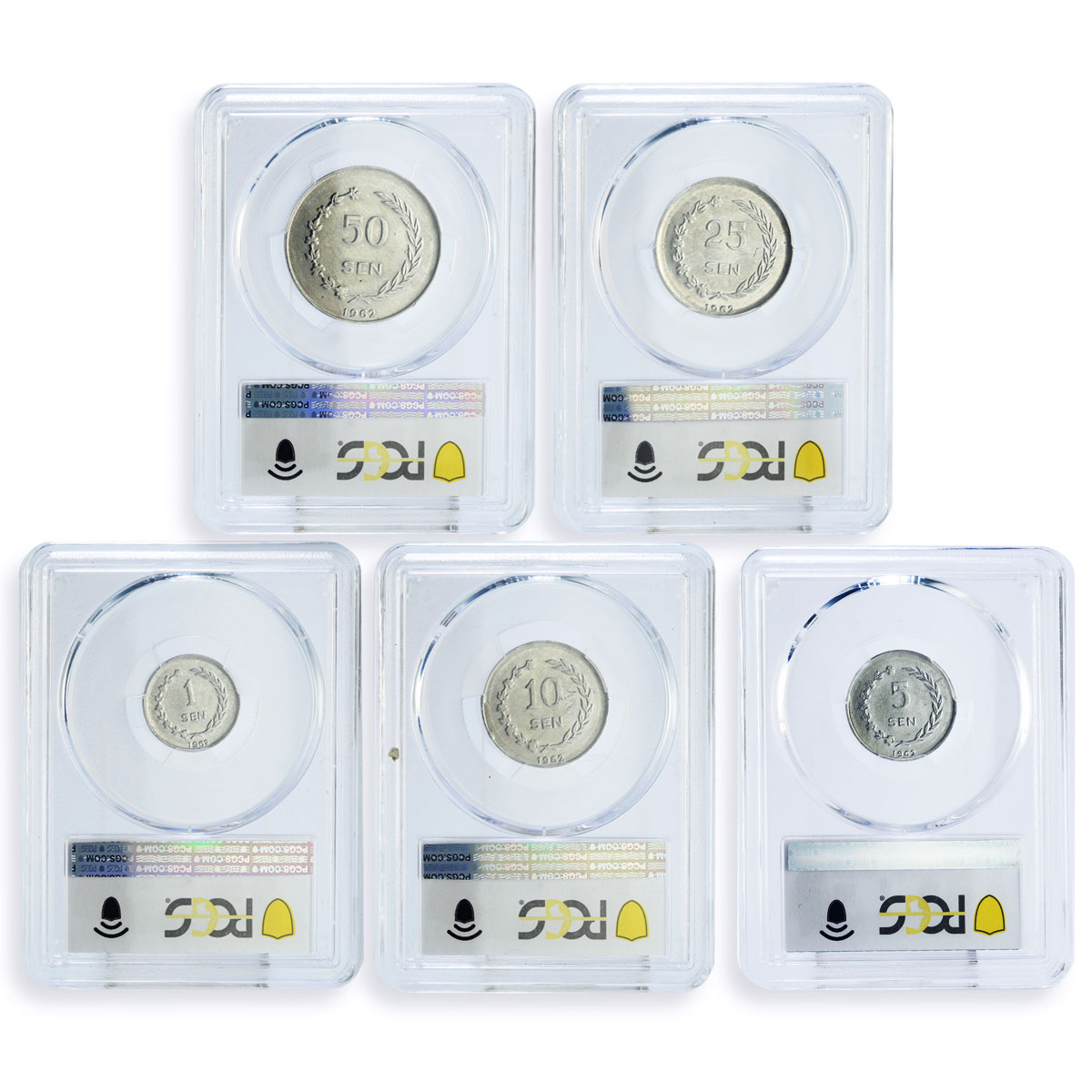 Indonesia Riau Arch. 1 5 10 25 50 sen Set Sukarno MS63 PCGS aluminum coins 1962