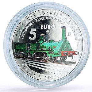 Spain 5 euro Ibero-American Railways Barcelona Mataro Train silver coin 2020