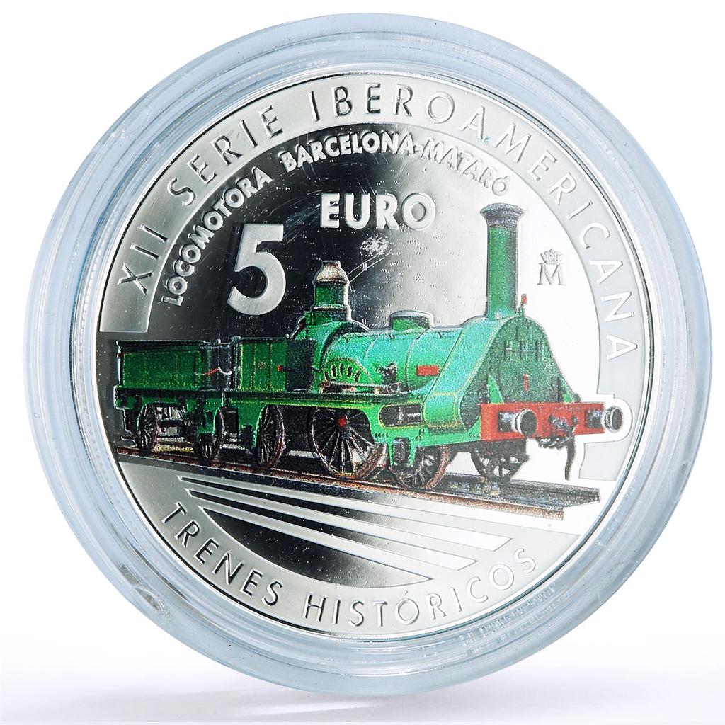 Spain 5 euro Ibero-American Railways Barcelona Mataro Train silver coin 2020