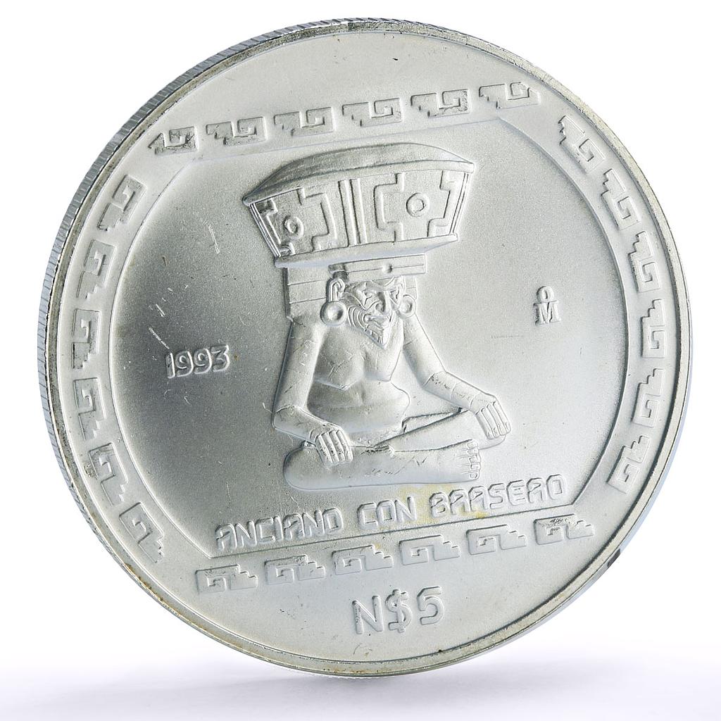 Mexico 5 pesos Precolombina Anciano Brasero Statue Mark Right silver coin 1993