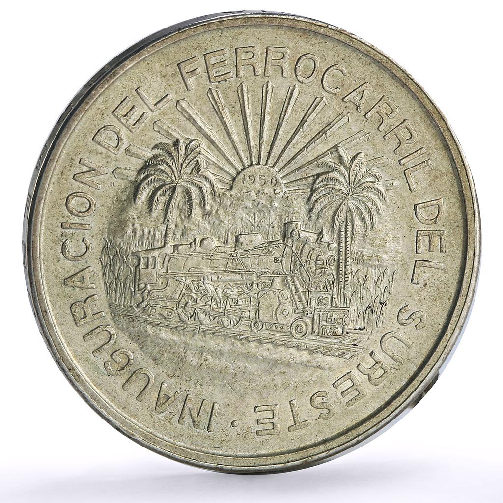 Mexico 5 pesos Southeastern Railroad Railway Opening Train silver coin 1950