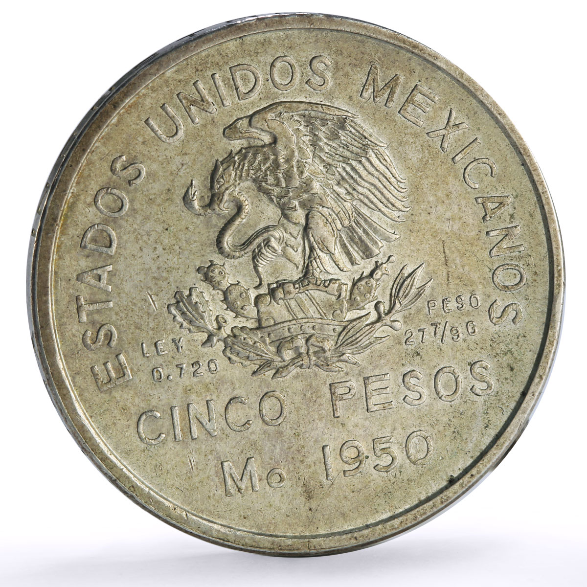 Mexico 5 pesos Southeastern Railroad Railway Opening Train silver coin 1950
