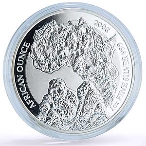Rwanda 50 francs African Ounce Wildlife Gorillas Fauna proof silver coin 2008