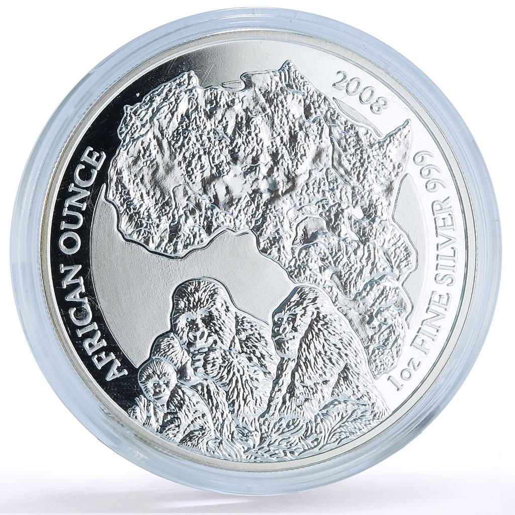 Rwanda 50 francs African Ounce Wildlife Gorillas Fauna proof silver coin 2008