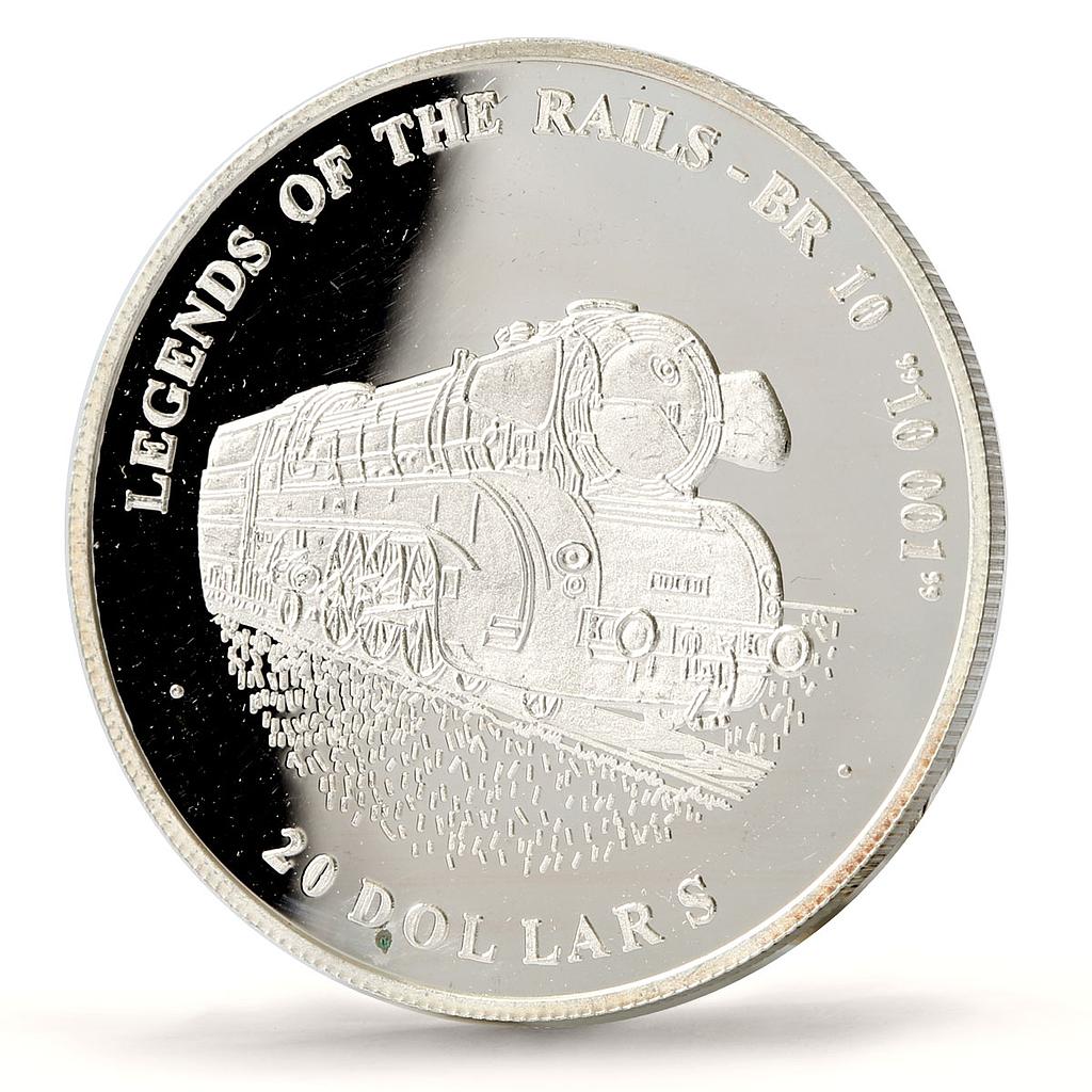 Liberia 20 dollars Railways Railroads Trains Br 10 001 proof silver coin 2003