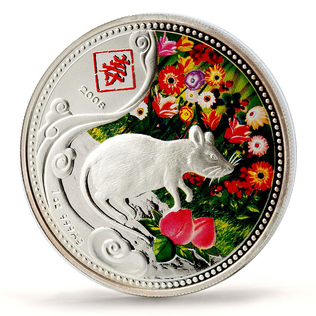 Niue 1 dollar Lunar Calenda Year of the Rat Mouse Flowers silver coin 2008