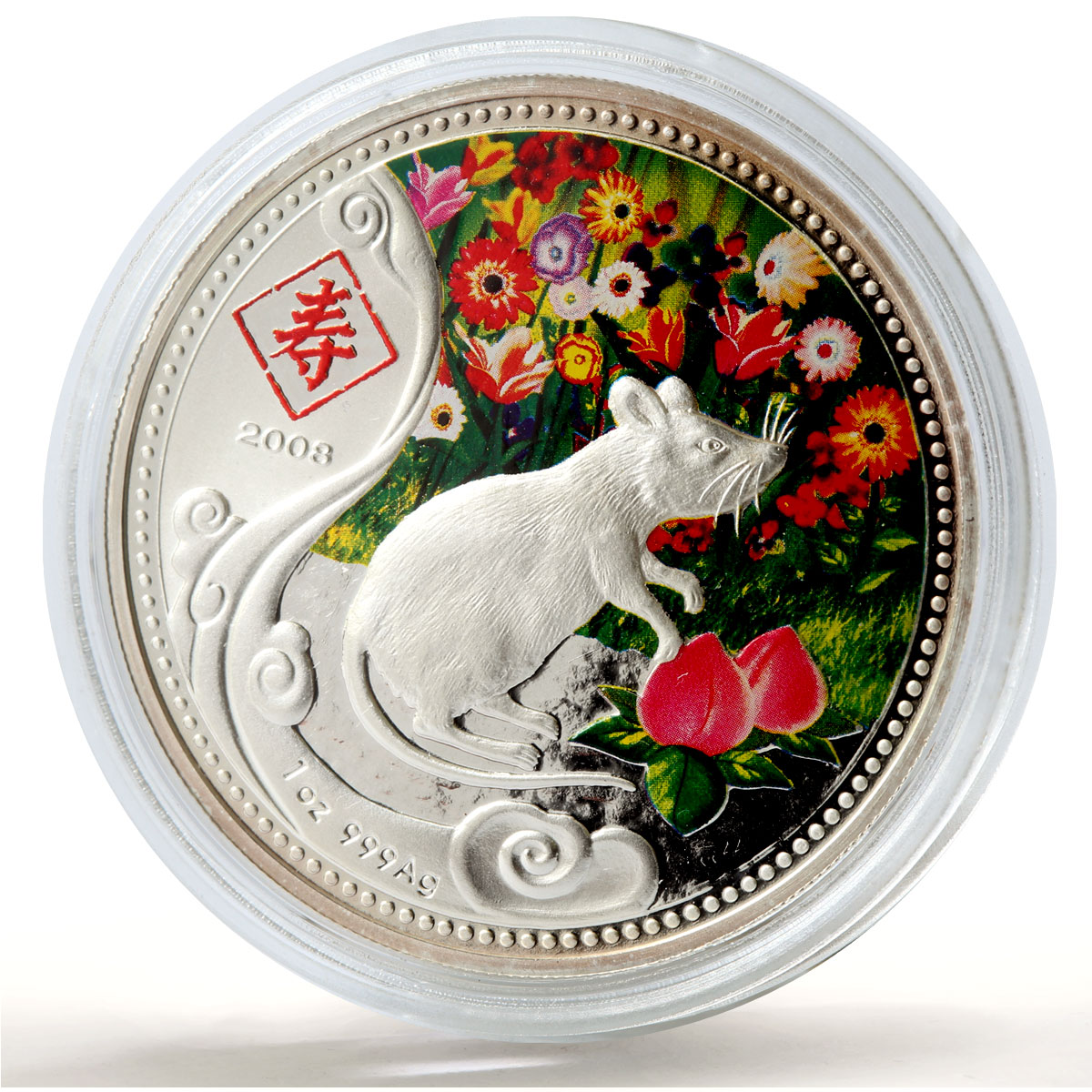 Niue 1 dollar Lunar Calenda Year of the Rat Mouse Flowers silver coin 2008
