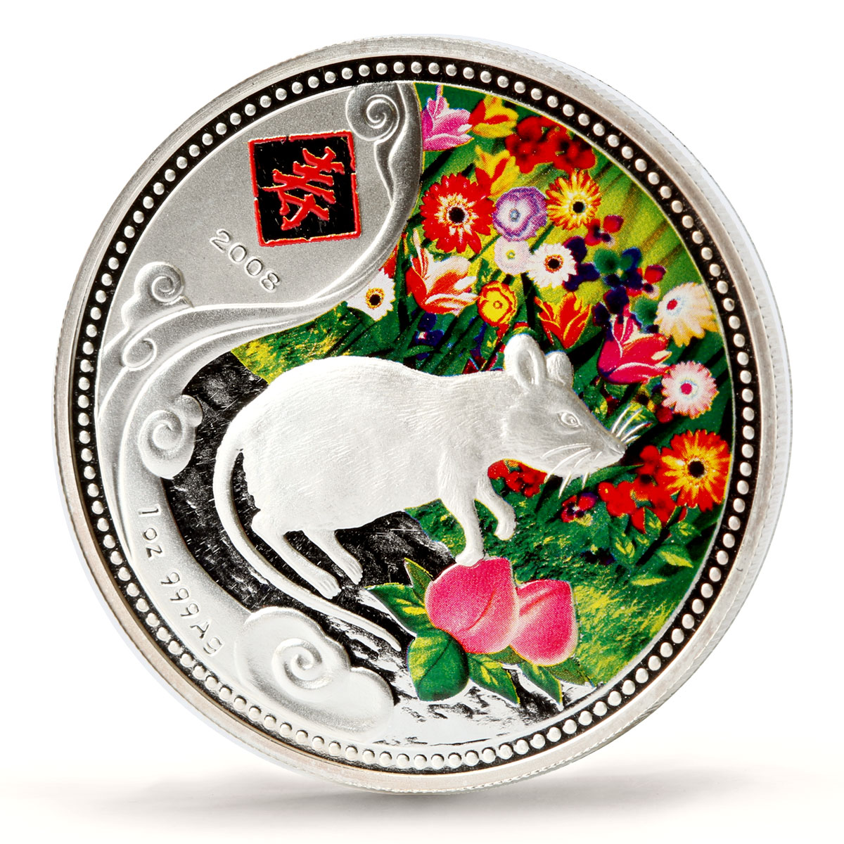 Niue 1 dollar Lunar Calenda Year of the Rat Mouse Flowers silver coin 2008