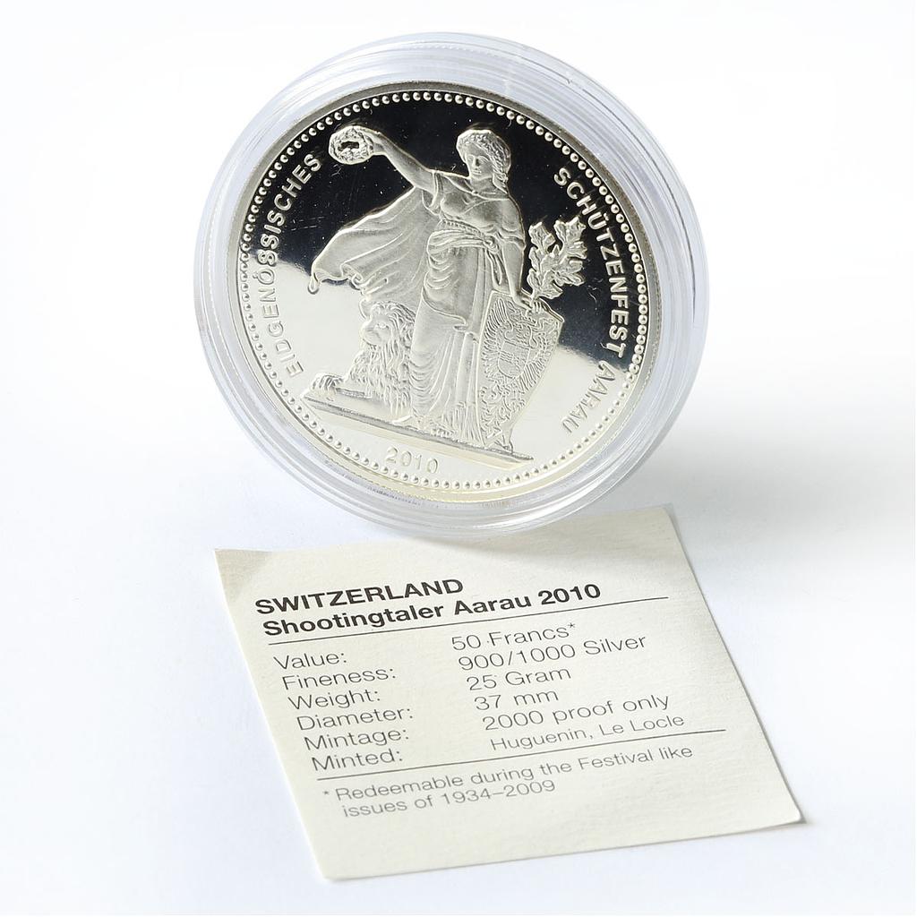 Switzerland 50 francs Aarau Shooting Festival Thaler Una Lion silver coin 2010