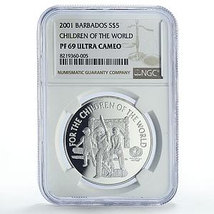 Barbados 5 dollars UNICEF Save the Children Child Year PF69 NGC silver coin 2001