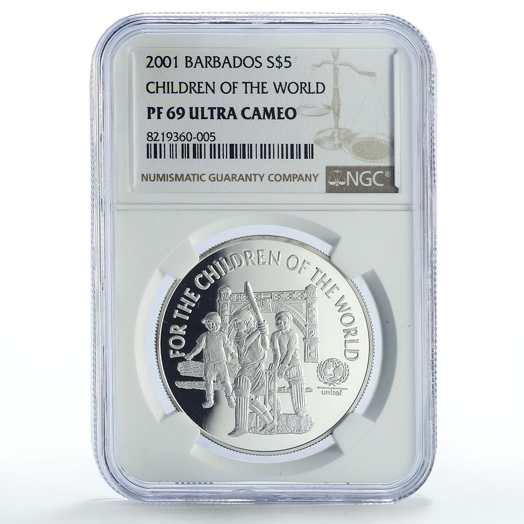 Barbados 5 dollars UNICEF Save the Children Child Year PF69 NGC silver coin 2001