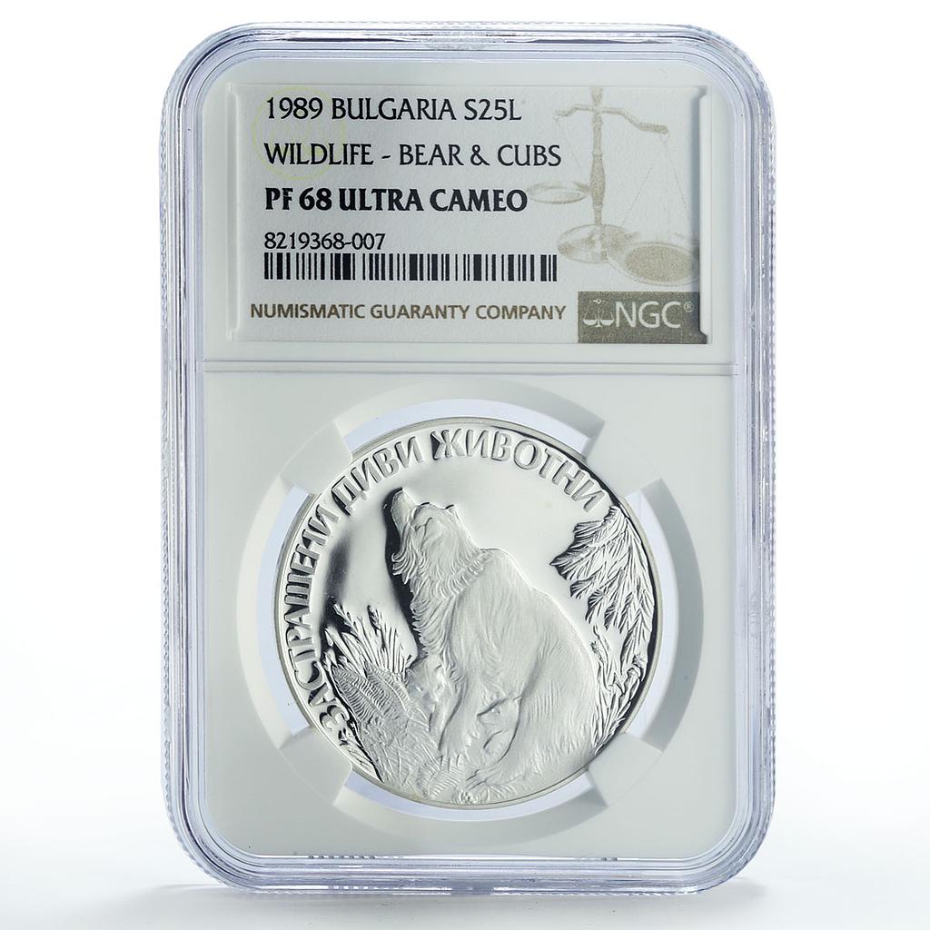 Bulgaria 25 leva Conservation Wildlife Bear Cubs Fauna PF68 NGC silver coin 1989