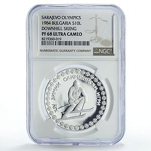 Bulgaria 10 leva Winter Olympic Games Downhill Skier PF68 NGC silver coin 1984