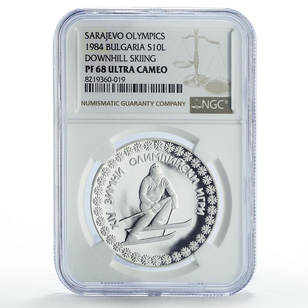 Bulgaria 10 leva Winter Olympic Games Downhill Skier PF68 NGC silver coin 1984