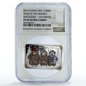 Congo 1000 francs Lunar Year of the Monkey Successful PF69 NGC silver coin 2016