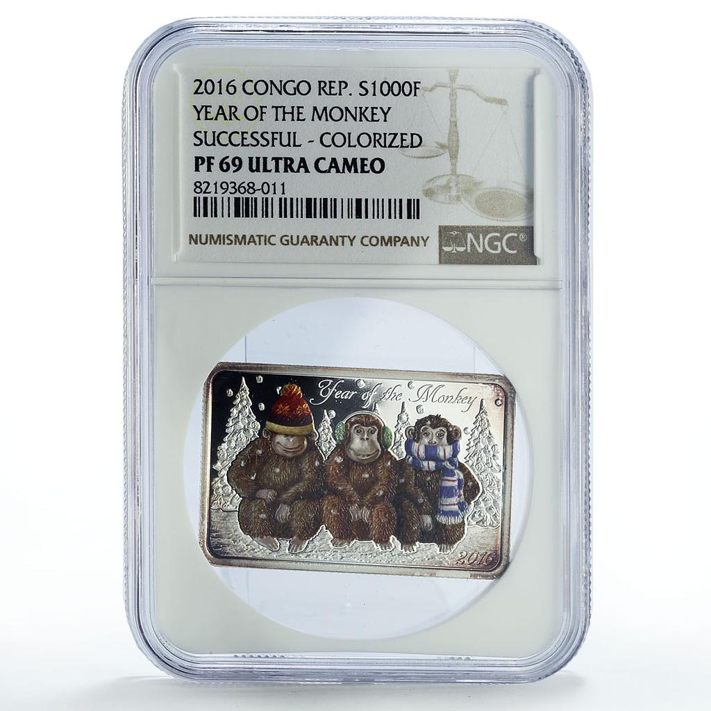 Congo 1000 francs Lunar Year of the Monkey Successful PF69 NGC silver coin 2016
