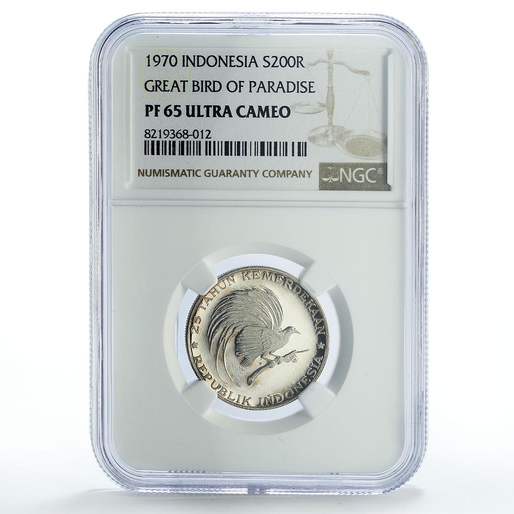 Indonesia 200 rupiah Independence Paradise Great Bird PF65 NGC silver coin 1970