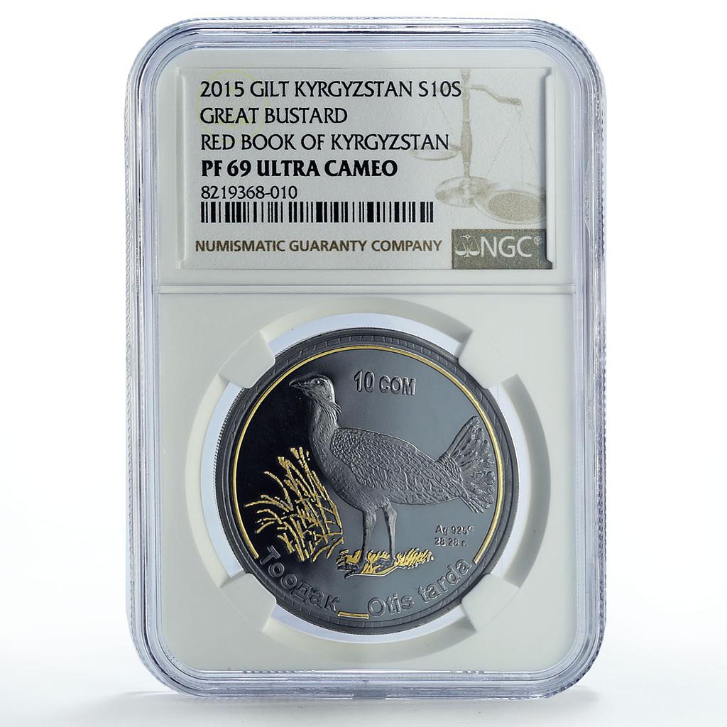 Kyrgyzstan 10 som Conservation Red Book Bustard Bird PF69 NGC silver coin 2015