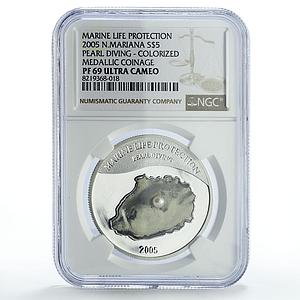 Mariana Islands 5 dollars Marine Life Pearl Diving PR69 NGC silver coin 2004