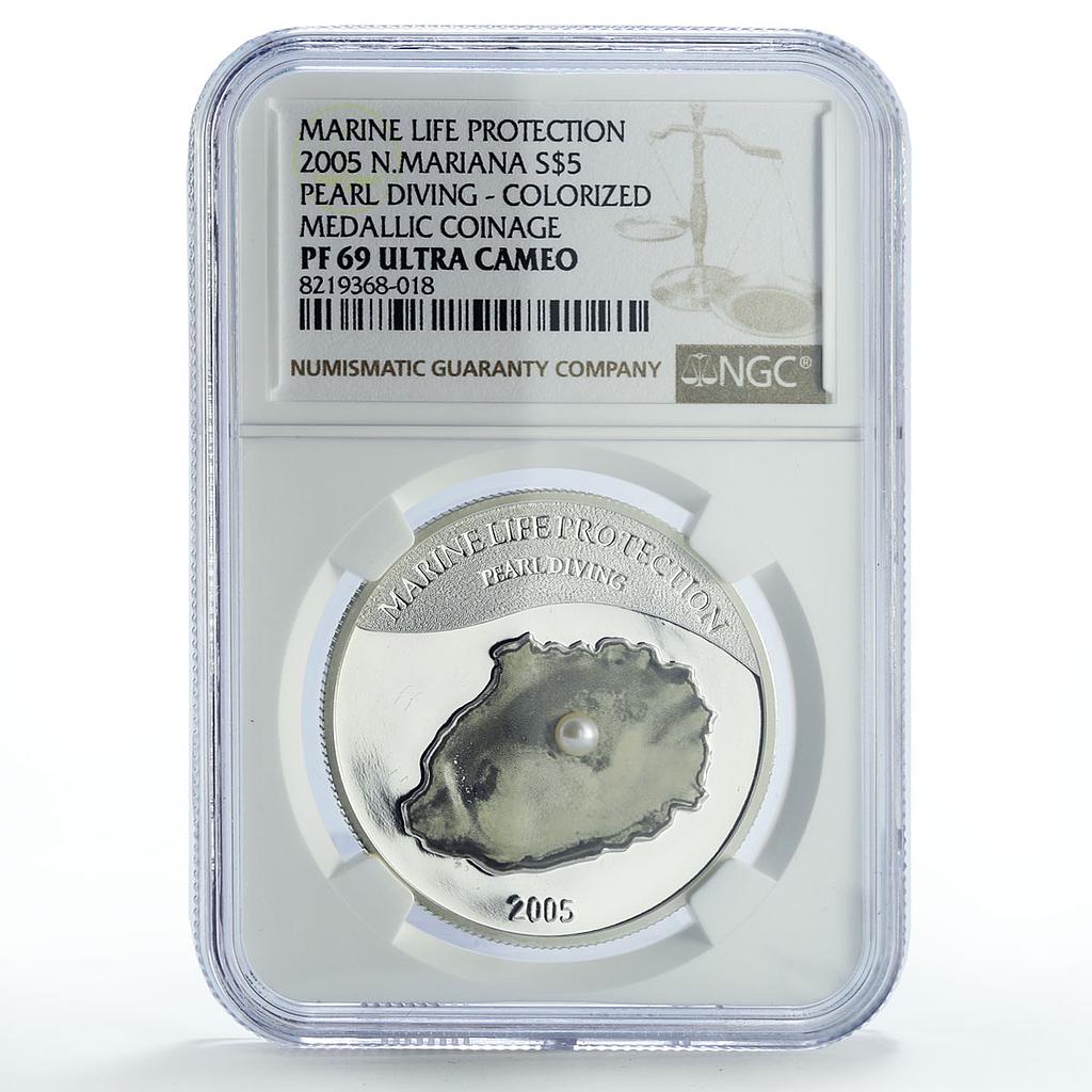 Mariana Islands 5 dollars Marine Life Pearl Diving PR69 NGC silver coin 2004