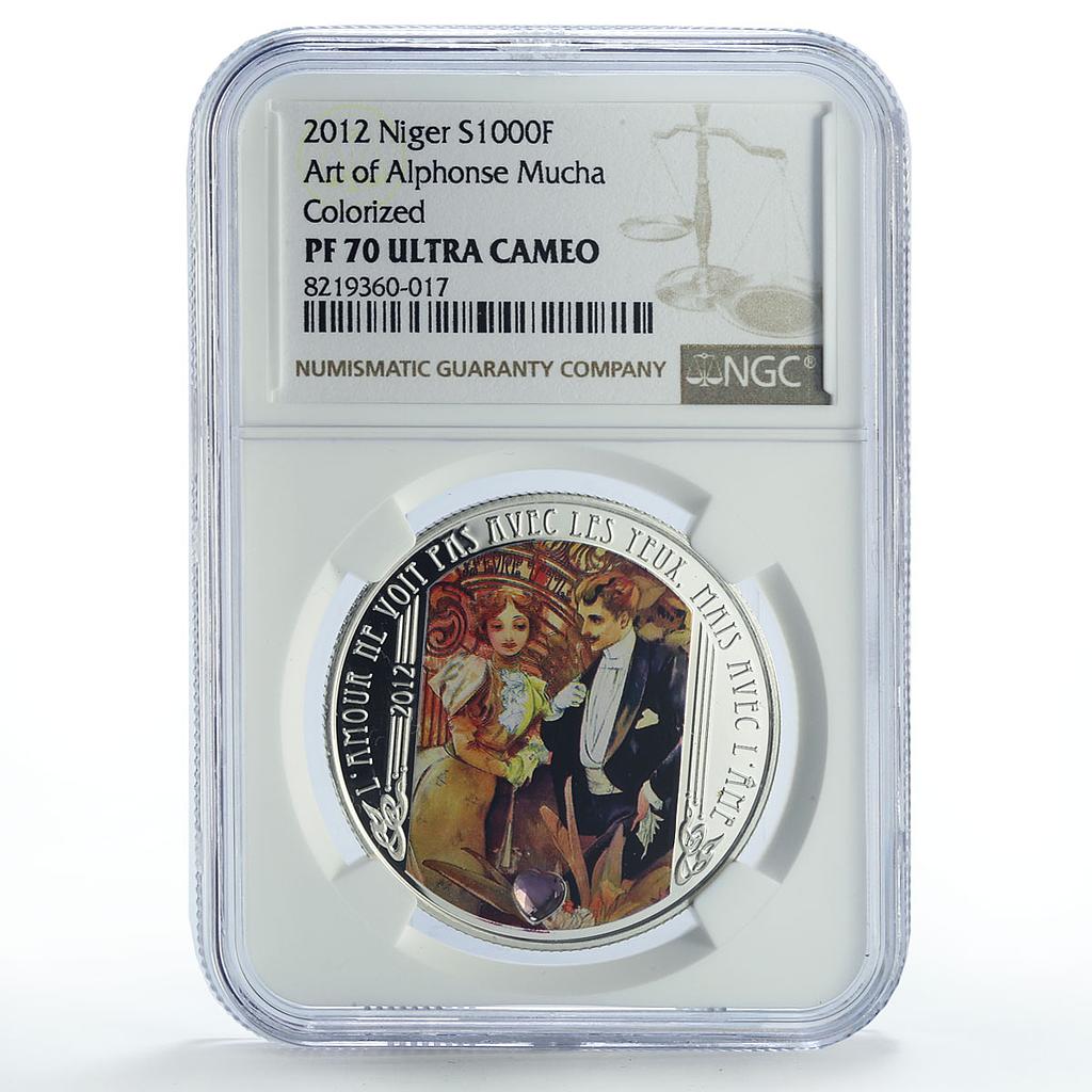 Niger 1000 francs Painter Alphonse Mucha The Flirt Art PF70 NGC silver coin 2012