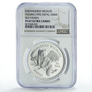 Nepal 500 rupees Conservation Wildlife Red Panda Fauna PF67 NGC silver coin 1992