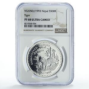 Nepal 500 rupees Conservation Wildlife Tiger Cat Fauna PF68 NGC silver coin 1993