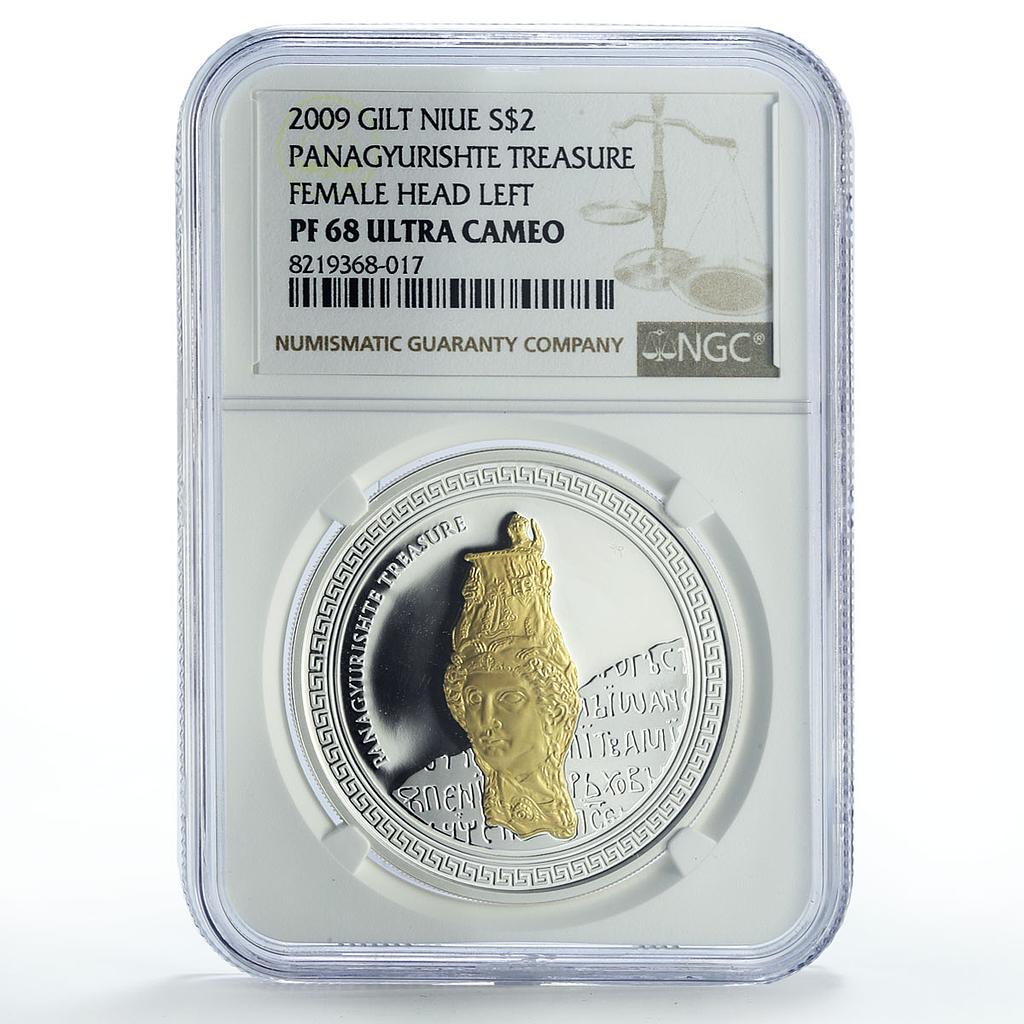 Niue 2 dollars Panagyurishte Treasure Female Head Gilt PF68 NGC silver coin 2009