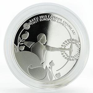 Azerbaijan 5 manat European Games in Baku Archery silver coin 2015