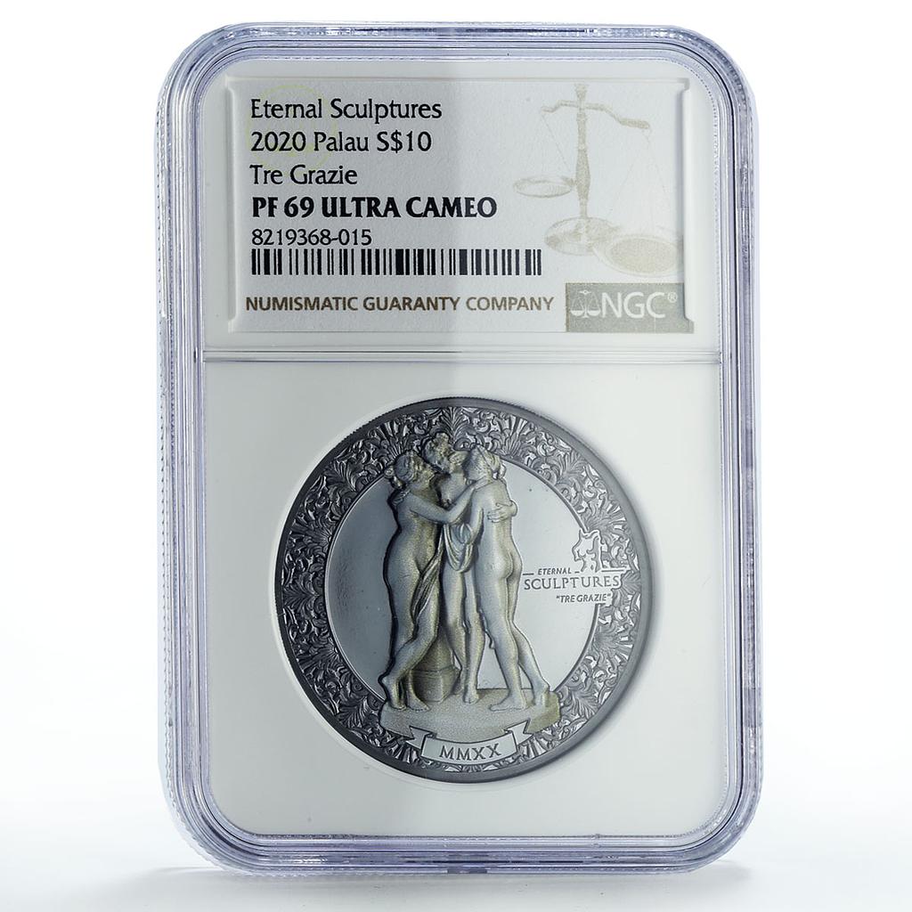 Palau 10 dollars Tre Grazie Three Graces Sculpture Art PF69 NGC silver coin 2020