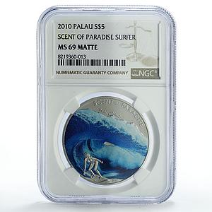 Palau 5 dollars Paradise Scent Sea Breeze Surfboarder MS69 NGC silver coin 2010