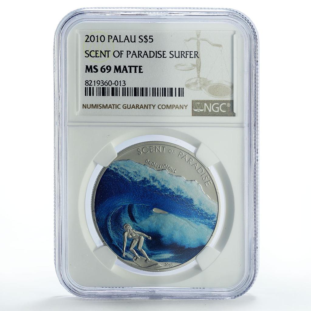 Palau 5 dollars Paradise Scent Sea Breeze Surfboarder MS69 NGC silver coin 2010