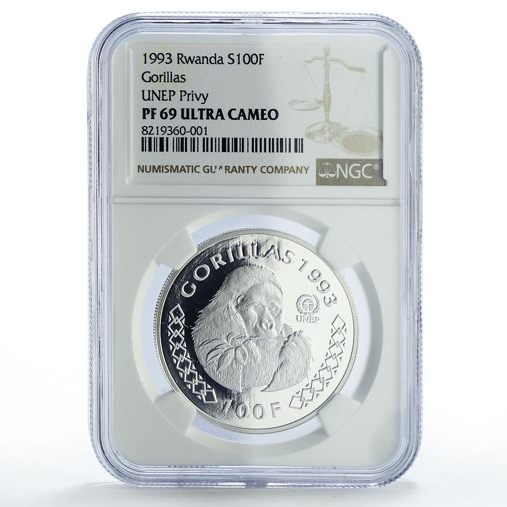 Rwanda 100 francs United Nations UNEP Gorilla Fauna PF69 NGC silver coin 1993