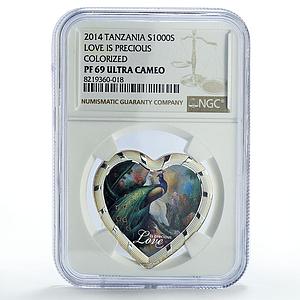 Tanzania 1000 shillings Precious Love Peacock Bird PF69 NGC silver coin 2014