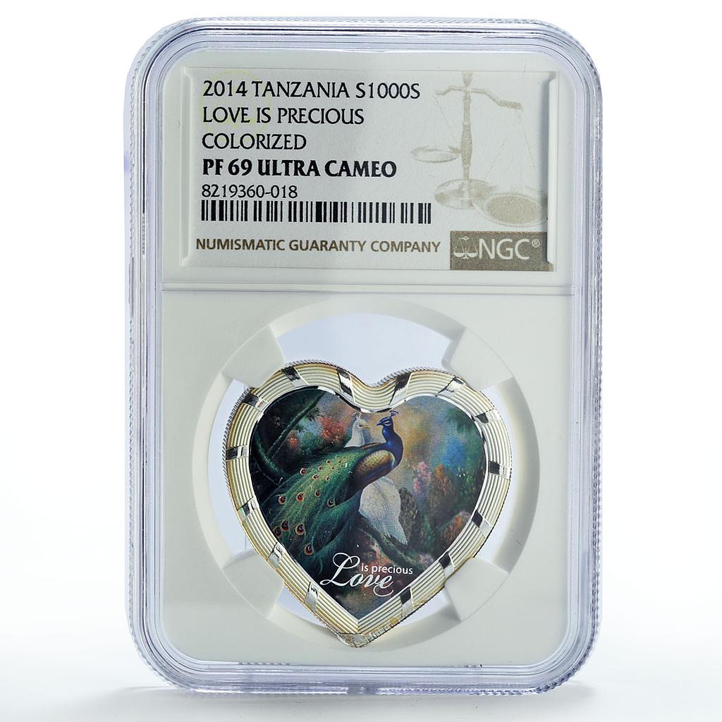 Tanzania 1000 shillings Precious Love Peacock Bird PF69 NGC silver coin 2014