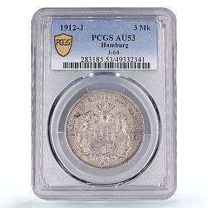 Germany Hamburg 3 mark Regular Coinage Hanseatic City AU53 PCGS silver coin 1912