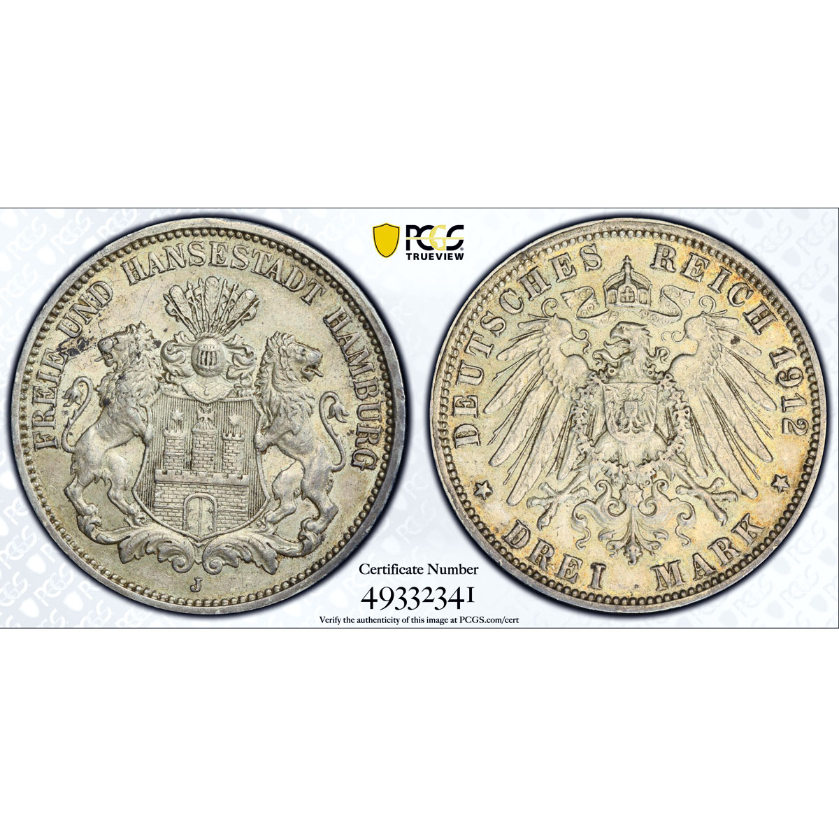 Germany Hamburg 3 mark Regular Coinage Hanseatic City AU53 PCGS silver coin 1912