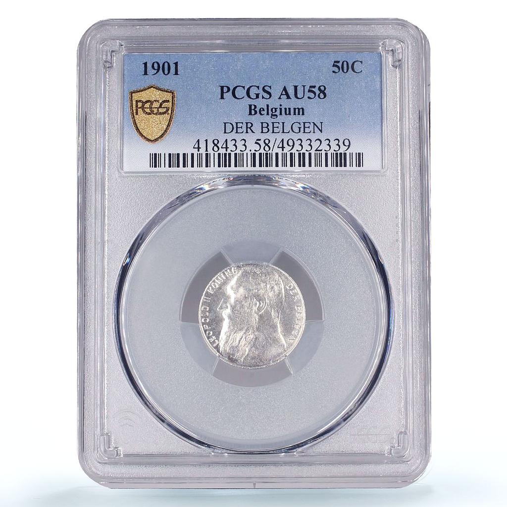 Belgium 50 centimes Leopold II Dutch Text Der Belgen AU58 PCGS silver coin 1901