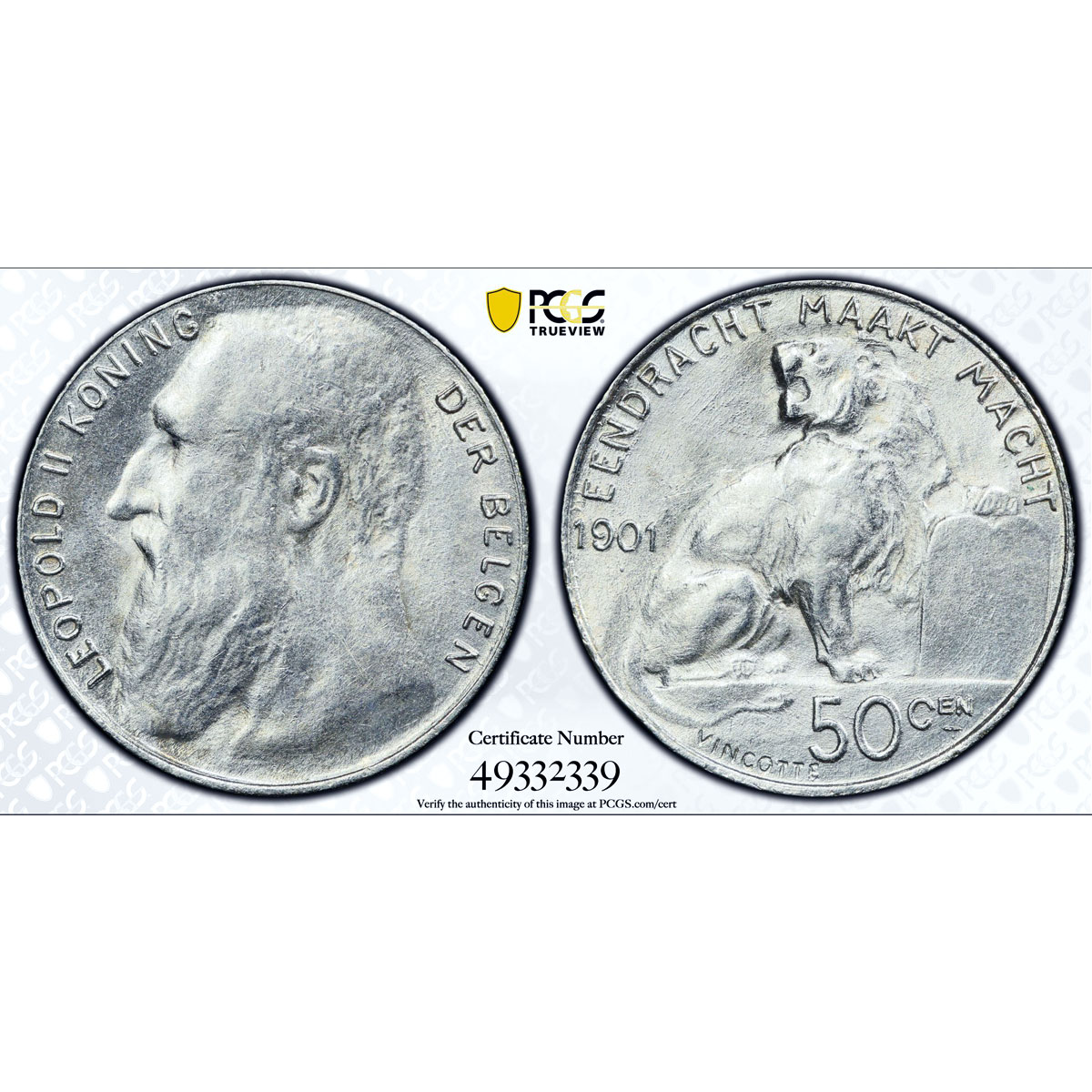 Belgium 50 centimes Leopold II Dutch Text Der Belgen AU58 PCGS silver coin 1901