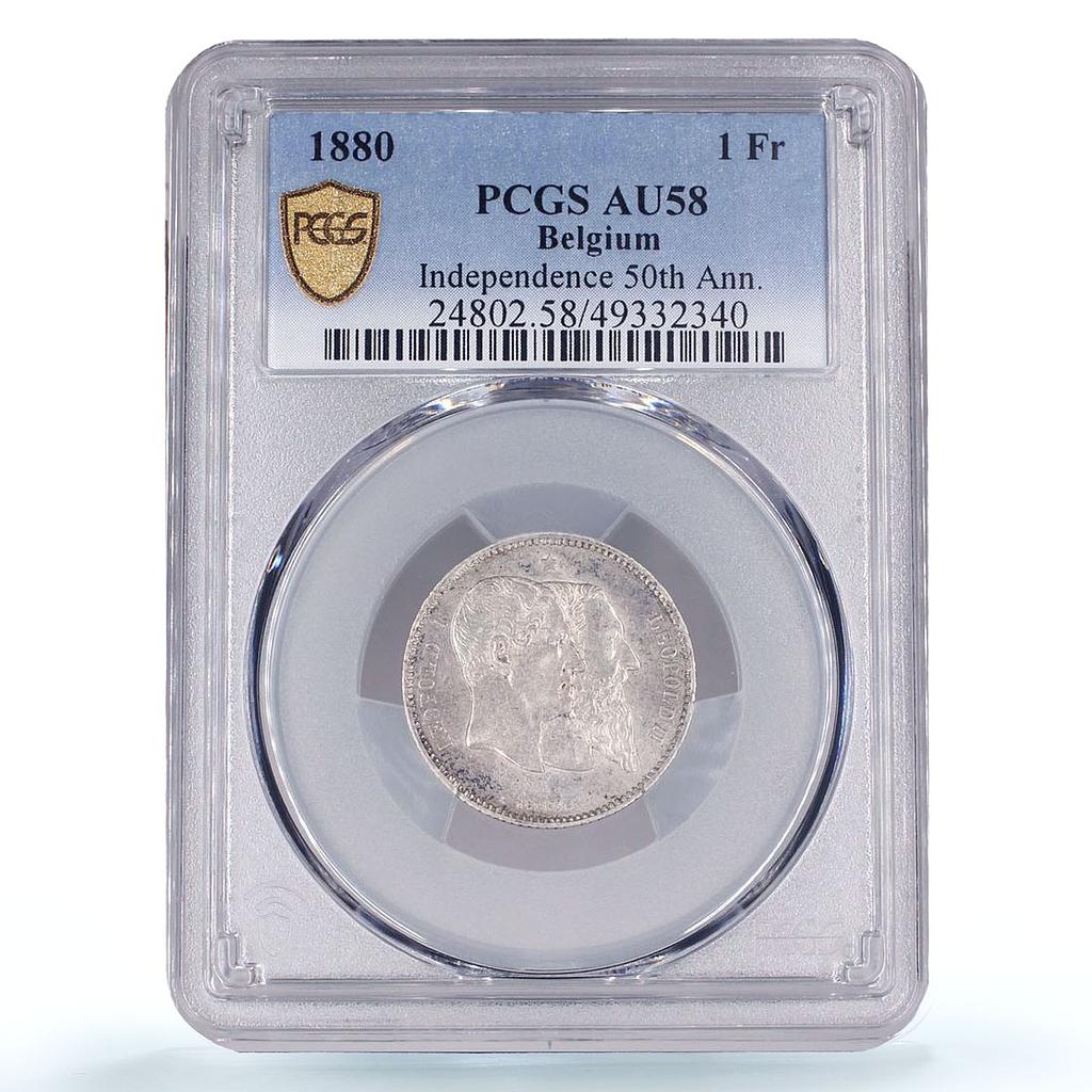 Belgium 1 franc Independence 50th Anniversary KM-38 AU58 PCGS silver coin 1880