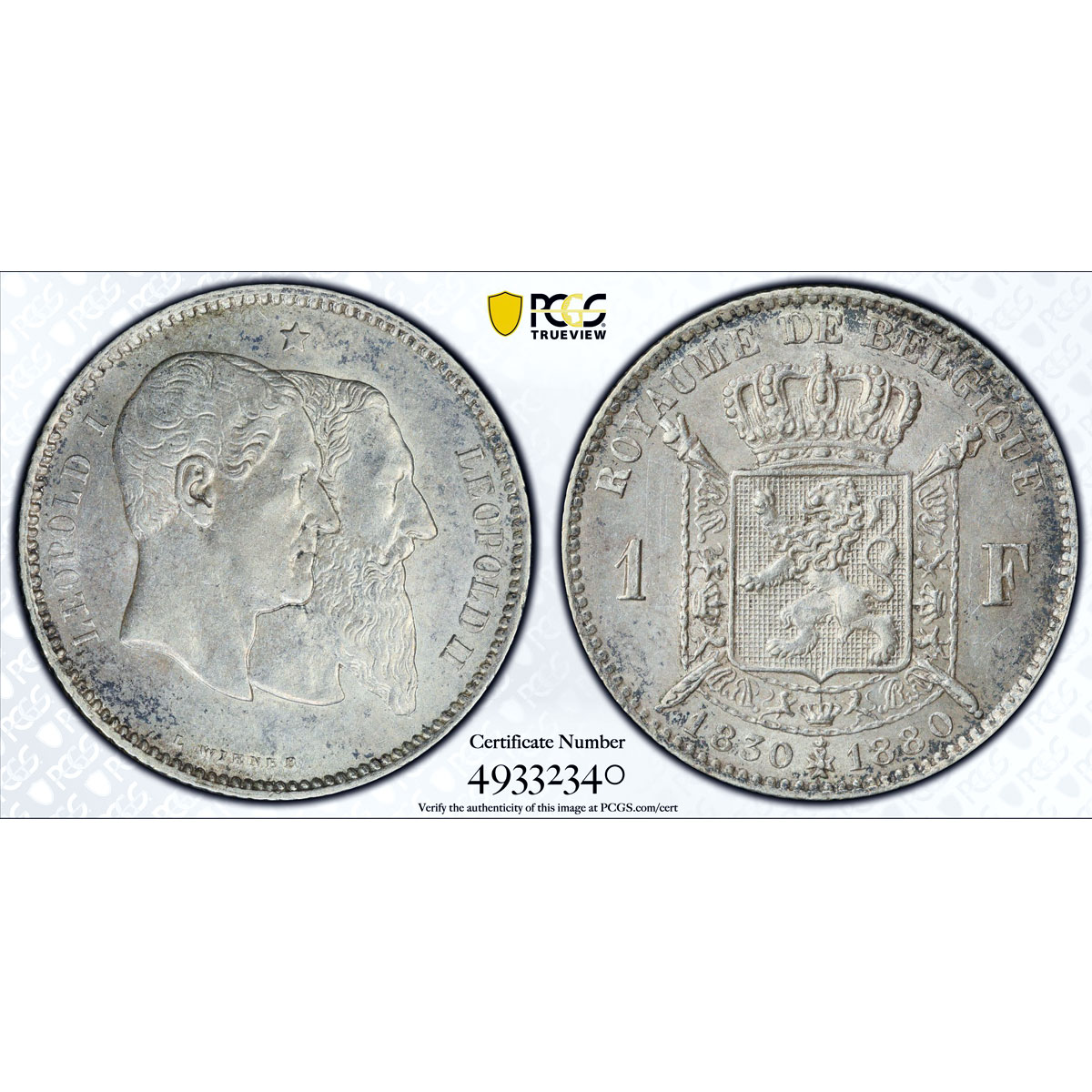 Belgium 1 franc Independence 50th Anniversary KM-38 AU58 PCGS silver coin 1880