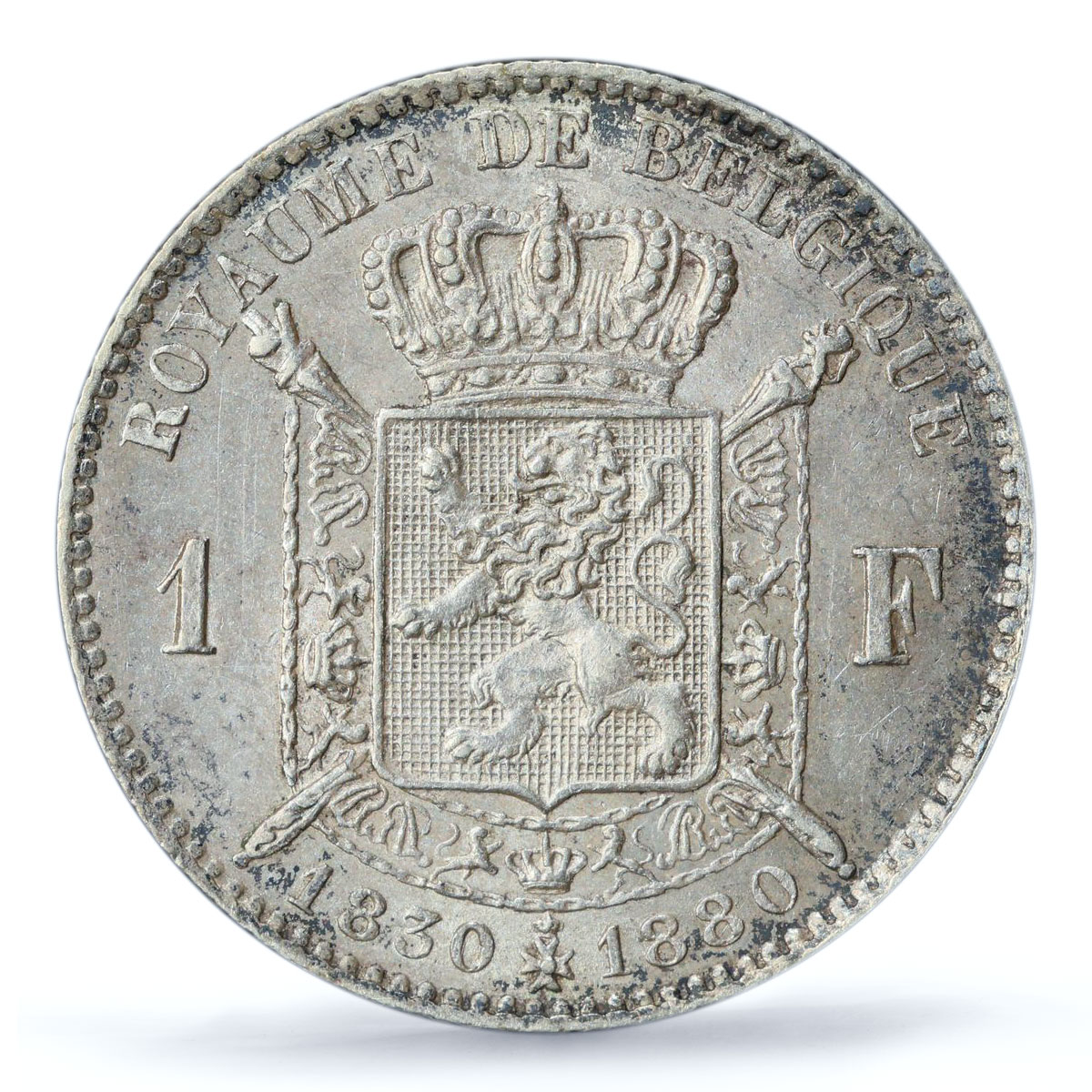 Belgium 1 franc Independence 50th Anniversary KM-38 AU58 PCGS silver coin 1880