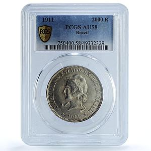 Brazil 2000 reis Regular Coinage Liberty Head KM-514 AU58 PCGS silver coin 1911