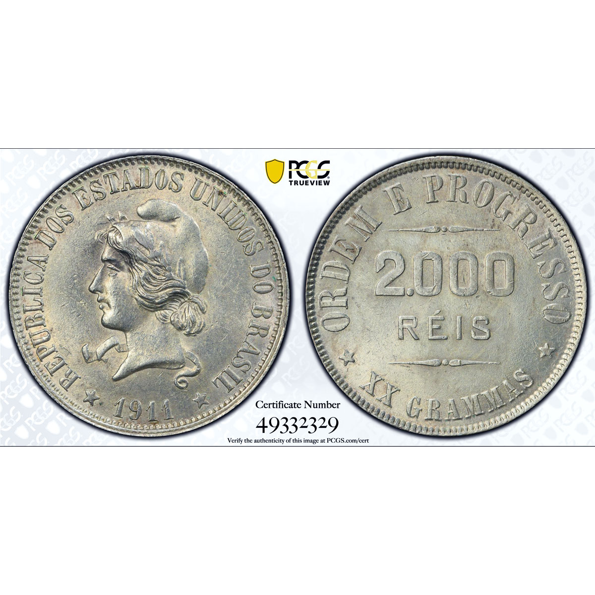 Brazil 2000 reis Regular Coinage Liberty Head KM-514 AU58 PCGS silver coin 1911