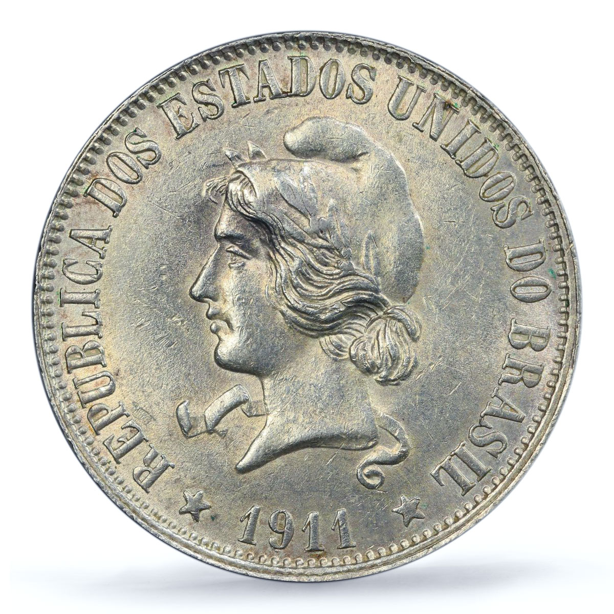 Brazil 2000 reis Regular Coinage Liberty Head KM-514 AU58 PCGS silver coin 1911