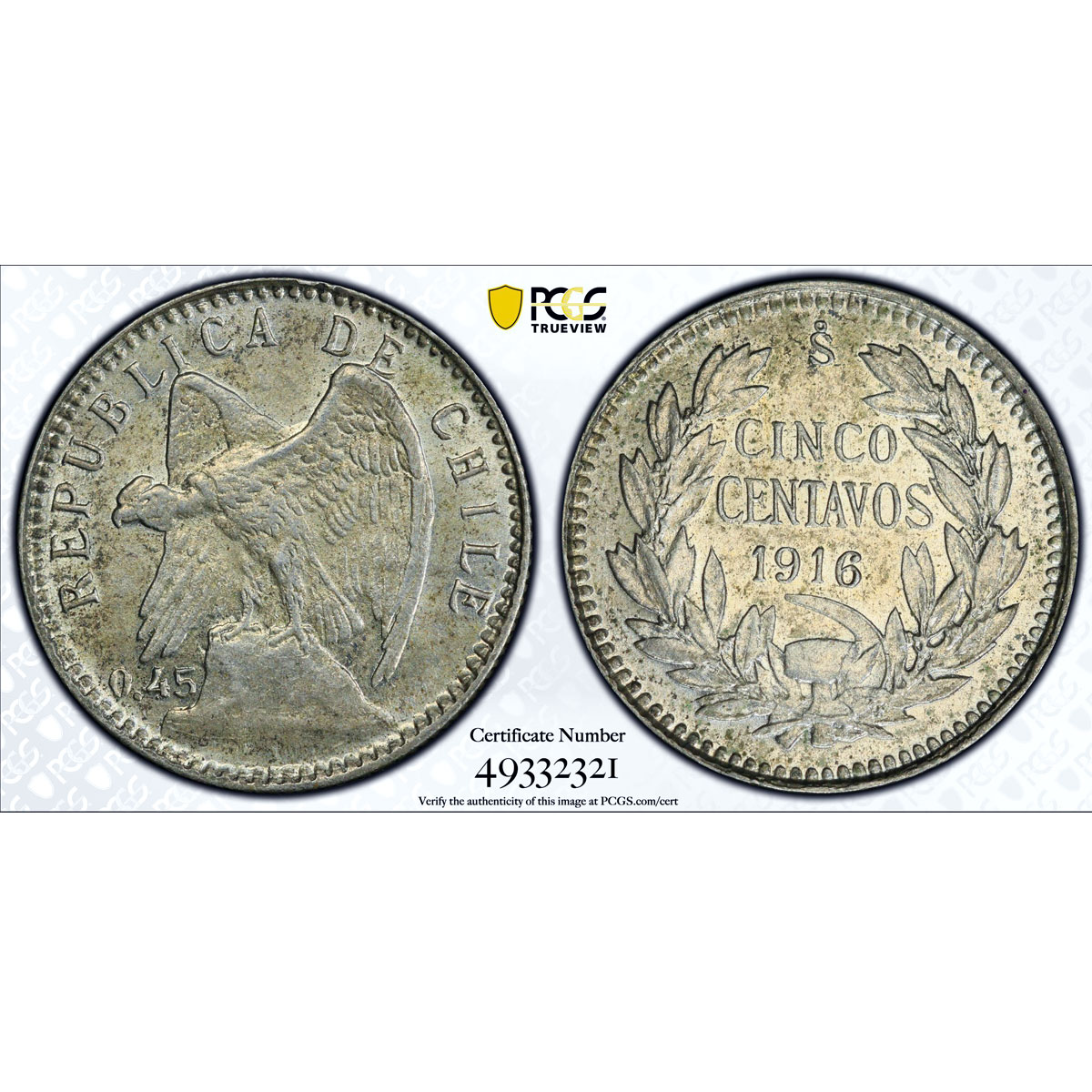 Chile 5 centavos Regular Coinage Condor Bird KM-155.3 MS64 PCGS silver coin 1916