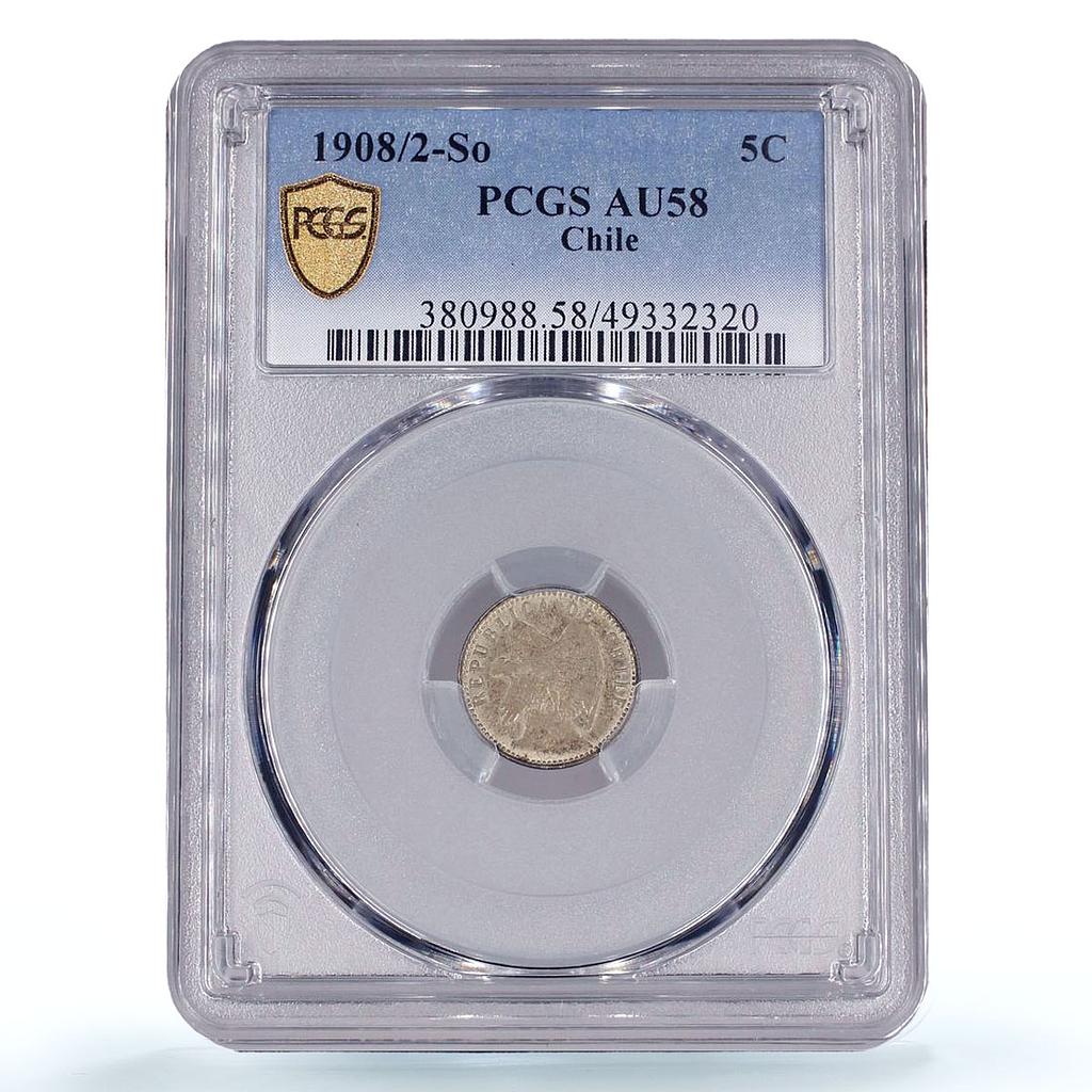 Chile 5 centavos Regular Coinage Condor KM-155.2a AU58 PCGS silver coin 1908